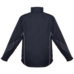 A unisex jacket in black with white accents, featuring long sleeves and a high collar. It has a logo on it.