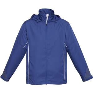 A blue unisex jacket with a hood, featuring mesh details along the sides and a front zip, includes a logo.