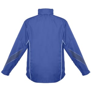 A blue unisex jacket with a high collar and reflective details on the sleeves. It features a logo.