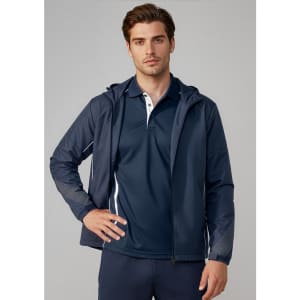 A navy unisex razor jacket featuring a hood and contrasting panel detailing. Includes a logo on the chest.