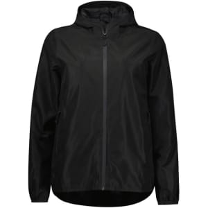 A black women's rain jacket featuring a hood, front zip, and side pockets. It has a minimalist design with a logo.