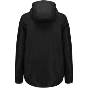 A black women's jacket with a hood and long sleeves, featuring a plain design and a logo on the back.