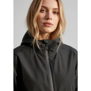 A black women's rain jacket with a hood, featuring a zip closure and a simple, sleek design.