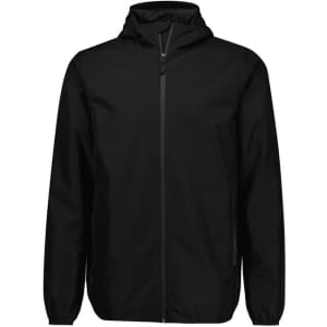 A black men's rain jacket with a hood, featuring a front zipper and side pockets. It has a logo on it.