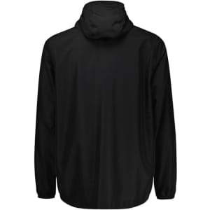 A black rain jacket with a hood, featuring a simple design and long sleeves, also has a logo on it.