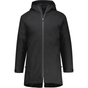 A unisex rain jacket in black with a hood and a front zipper, featuring a logo on the chest.