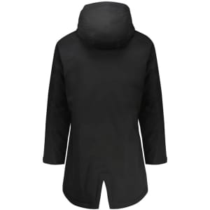 A black unisex sphere jacket featuring a hood and a back vent design, with a discreet logo on the fabric.