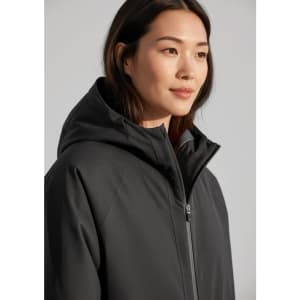 A unisex black sphere jacket with a hood, featuring a zip and a branded logo.