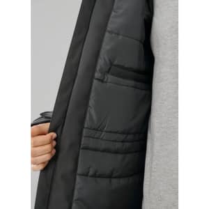 A black unisex rain jacket with a padded interior and inner pockets, showcasing its detailed lining.