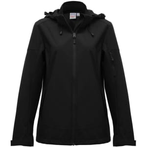A black women's jacket with a hood, featuring a full zipper and side pockets, plus a branding logo.