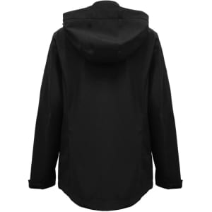 A black women's jacket with a hood and a simple design, featuring a logo. The back view displays its stylish silhouette.