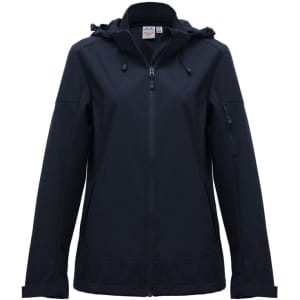 A women's jacket in black, featuring a hood and zippered pockets, with a logo present.