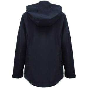 A women's jacket in navy blue with a hood, featuring a simple design and side pockets.