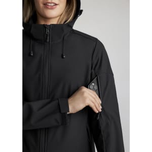 A black women's jacket featuring a hood and an arm pocket for storage, with a logo on the sleeve.