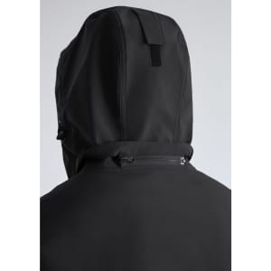 A black women's jacket with a hood, featuring a zippered pocket and a textured fabric design.