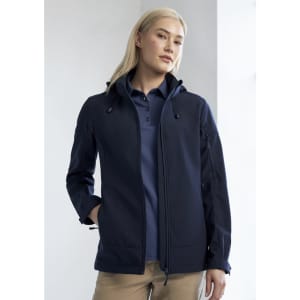 A navy women's jacket featuring a hood and multiple zippered pockets, with a branding logo visible.