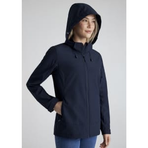 A women's navy jacket with a hood and zip-front closure, featuring a branded logo on the sleeve.