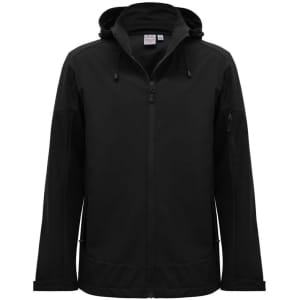 A black rain jacket with a hood, featuring a zip front and side pockets, showcasing a simple design and a logo.