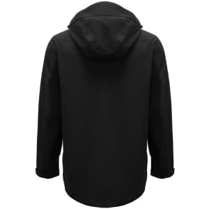 A black men's rain jacket with a hood, featuring a simple design and a logo on one sleeve.