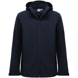 A navy blue men's rain jacket with a hood, featuring a zipper and side pockets, includes branding.