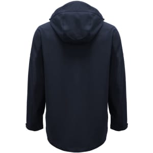 A dark navy rain jacket featuring a hood and a simple, sleek design. It has a logo on one sleeve.
