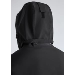 A black rain jacket featuring a hood and a rear zipper detail. The jacket includes branding.