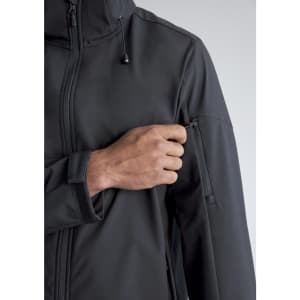 A black rain jacket with a zippered pocket on the sleeve, highlighting a hand reaching for the pocket.