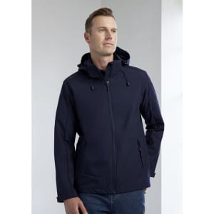 A navy blue rain jacket designed for men, featuring a hood and a zippered front, with pockets and branding.