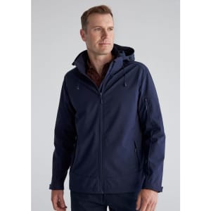 A navy rain jacket with a hood, featuring zippered pockets and a subtle logo.