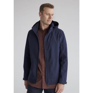 A navy rain jacket featuring a hood, zip-up front, and a zippered pocket on the sleeve. It has a logo.