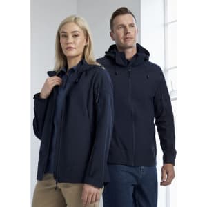 A navy rain jacket for men showcased on a model, featuring a hood and multiple zippered pockets.