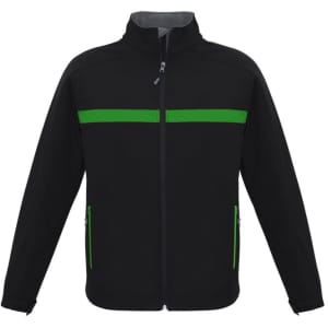 A black unisex soft shell jacket featuring green stripes and zippered pockets, with a collar and long sleeves.