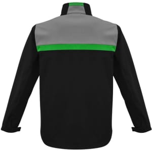 A black unisex soft shell jacket with a grey top and green stripe across the shoulders. Features a logo.