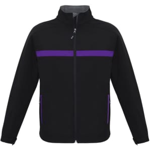A black soft shell jacket with purple accents and zippered pockets, featuring a logo on the chest.
