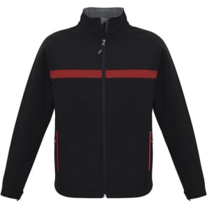A black unisex soft shell jacket with red stripes and zippered pockets. Features a stand-up collar and has a logo.