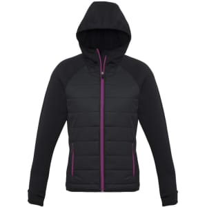 A black puffer jacket featuring a hood and purple accents, designed for women. It has a zip front and a logo.