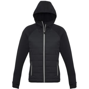A black puffer jacket with a hood and zippered front, featuring a logo on one side.