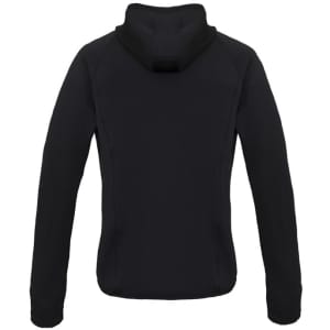 A black women's stealth puffer jacket with a hood, featuring a branded logo.