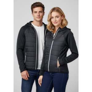 A black puffer jacket with a hood, featuring a zip front and side pockets, worn by a man and a woman.
