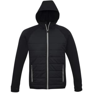 A puffer jacket in black with a hood and zippered pockets, featuring a logo.
