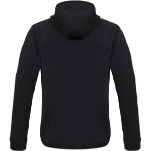 A black puffer jacket featuring a hood and a sleek, streamlined design, showcasing the back view.