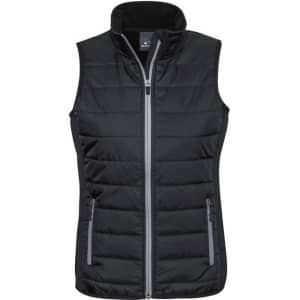 A black women's vest with a zip front, featuring horizontal padding and two side pockets. It has a logo on the chest.