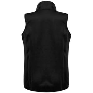 A black women's stealth vest with a high collar and a fitted design, featuring a logo on the back.