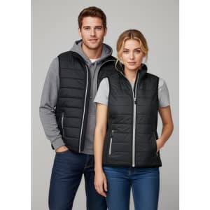 A black puffer vest with a zip, featuring two models wearing it over casual clothing, one style for men and one for women.