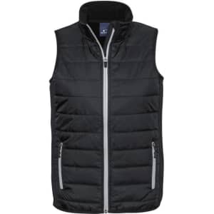 A black puffer vest with a high collar, featuring side zip pockets and a logo on the chest.