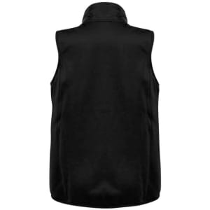 A black men's vest with a high collar and no sleeves, featuring a back view. It has a logo on the design.