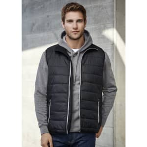 A black men's vest with quilted detailing, featuring a zip front and pockets, worn over a grey hoodie.