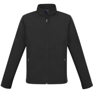 A black zip-up jacket with a high collar and two side pockets, featuring a branding logo.