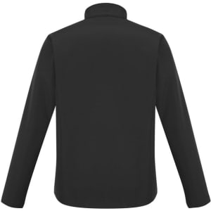 A black kids' jacket with long sleeves and a high collar, featuring a logo on the back.