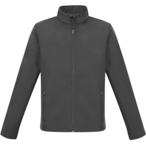 A grey jacket with a high collar and zip front, featuring side pockets and a logo.